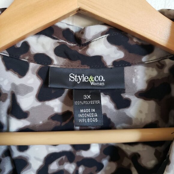 Style & Co Leopard Print Button Front Roll Tab Sleeve Top Black Brown Women's 3X - Picture 2 of 12